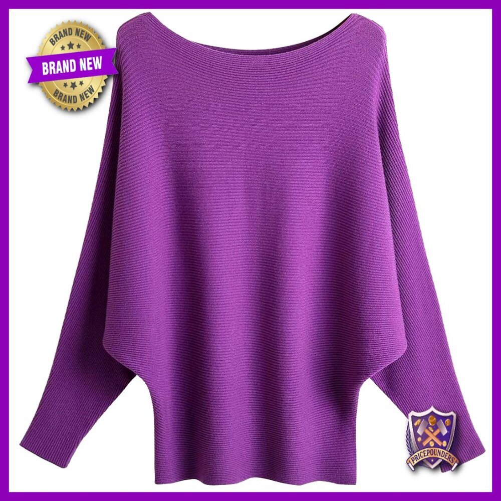 Oversized Batwing Sleeve Pullover Sweater Boat Neck Ribbed Knit